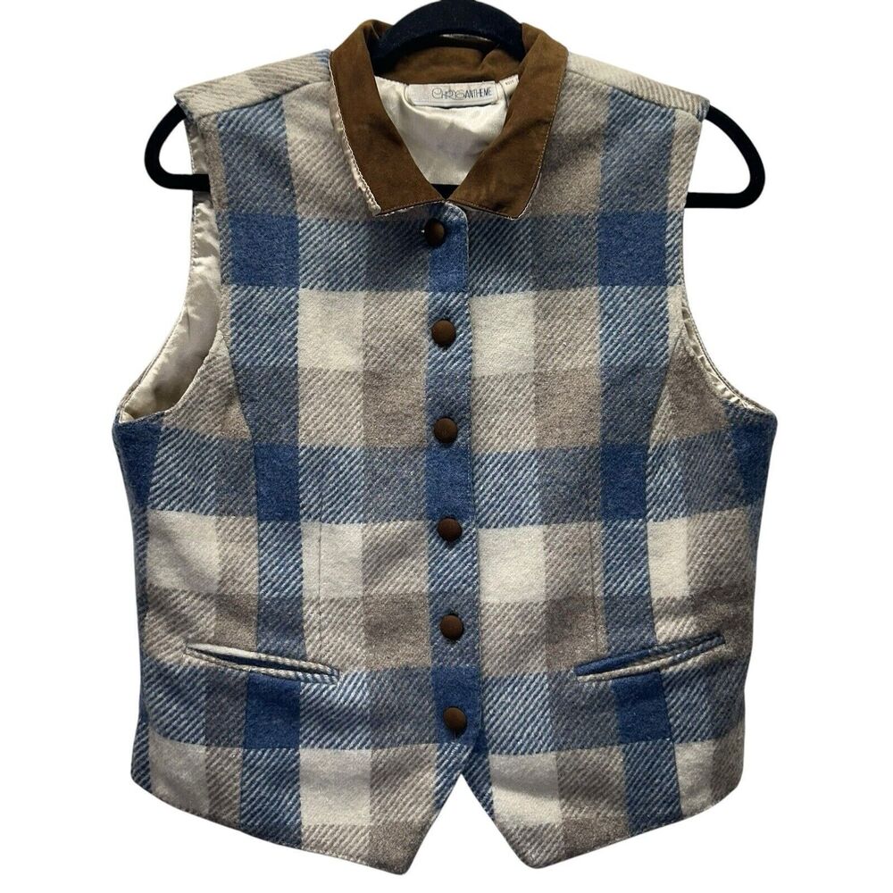 Chrysantheme Vest Women Medium Wool Blend Plaid Vintage Western Cowgirl Bohemian